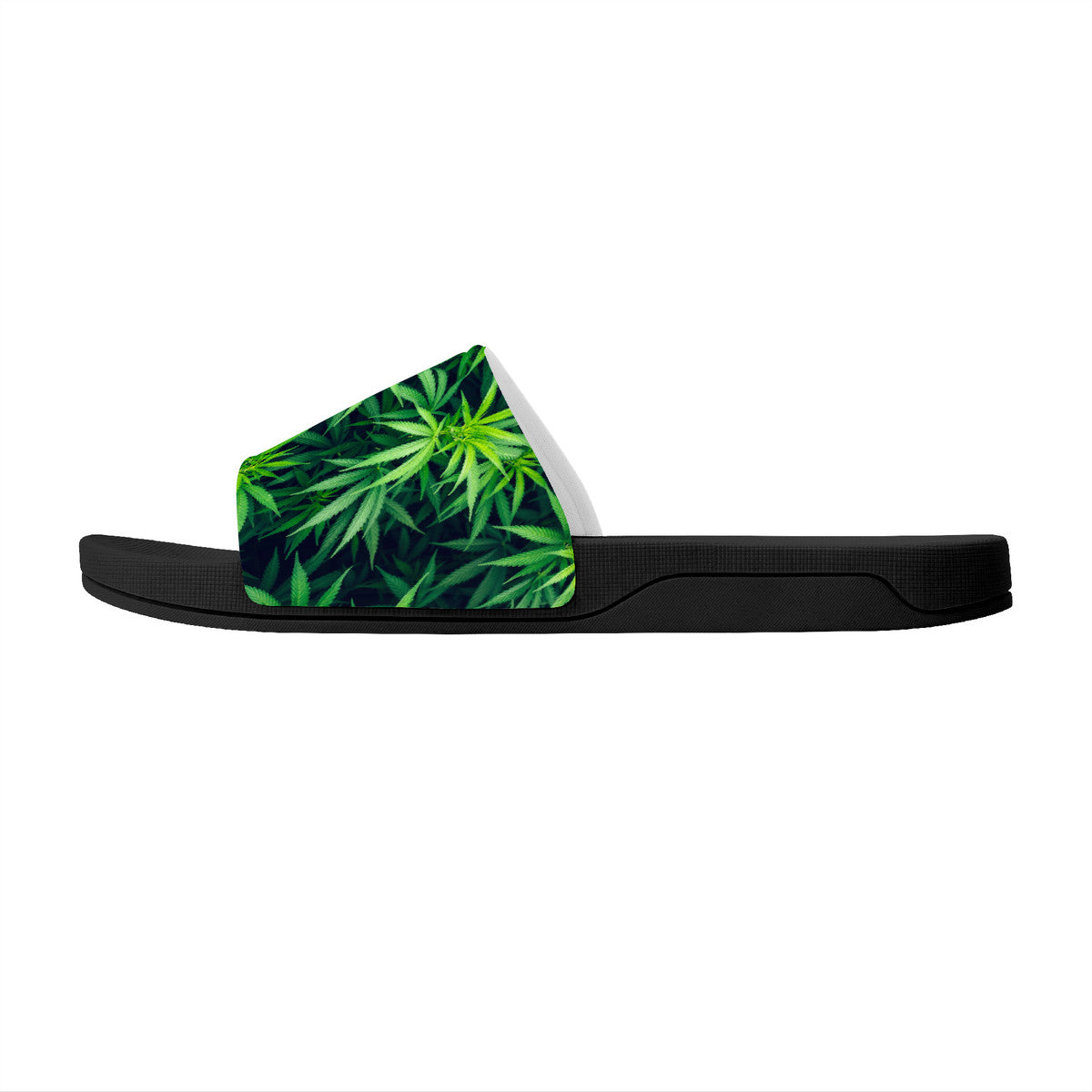 Weed Style Slide Sandals, Black Sliders, Hemp Leaf Design Shoes