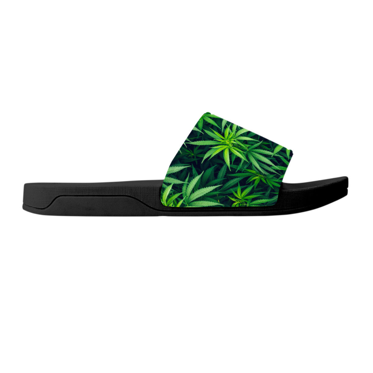 Weed Style Slide Sandals, Black Sliders, Hemp Leaf Design Shoes