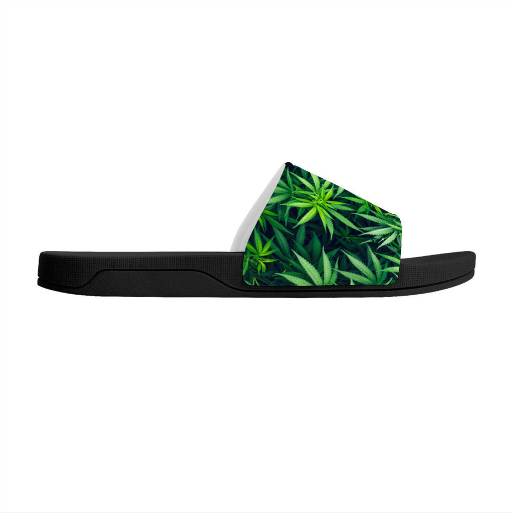 Weed Style Slide Sandals, Black Sliders, Hemp Leaf Design Shoes