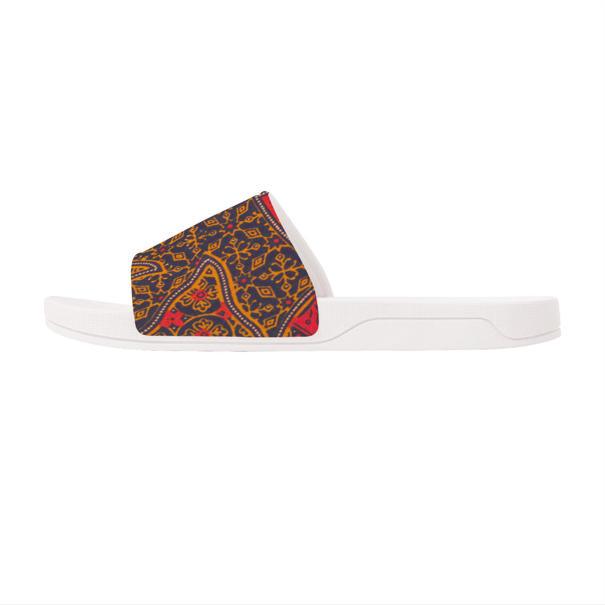 Colorful Batik Design on  White Slides, Boho Fashion Unisex Footwear