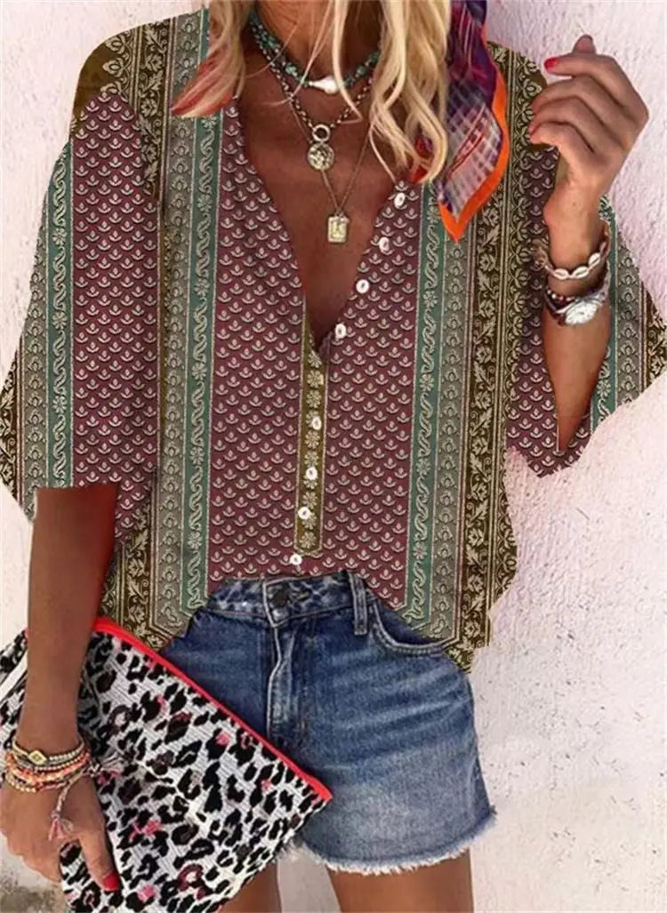 Bohemian Blouse , Summer Casual Shirt Fashionable Vintage Tops