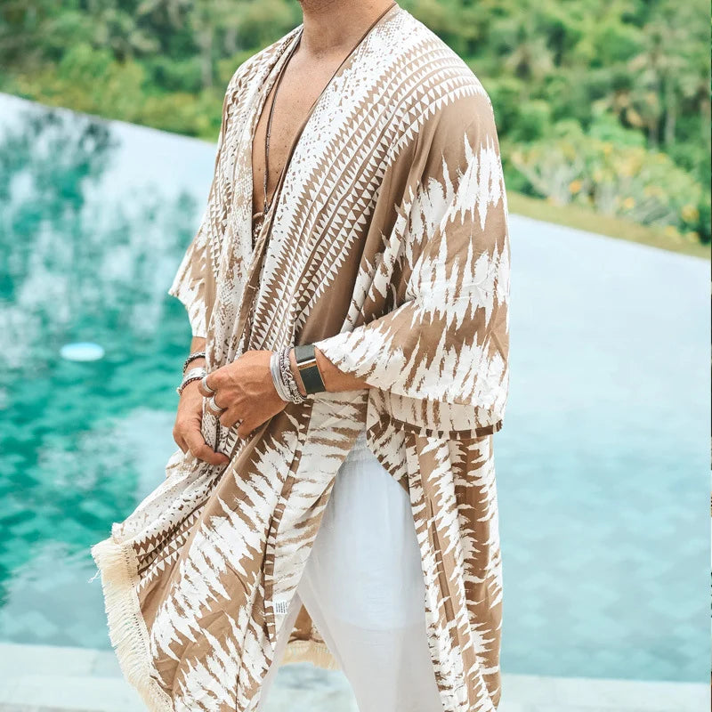 Men's Bohemian Beach Shawl, Cardigan Kimono Casual Top, Hippie Style Outerwear