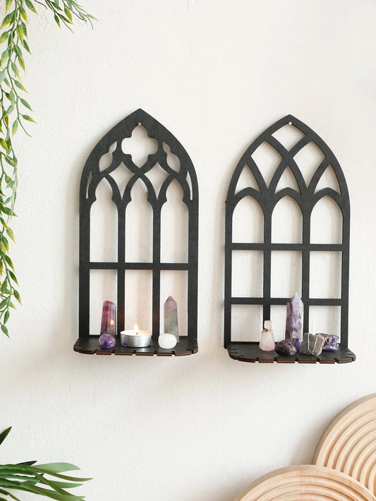 Black Gothic Shelf Wooden Hollow Wall Decoration Wall Hanging Floating Shelves Display Stand Vintage Door Frame Witch Home Decor