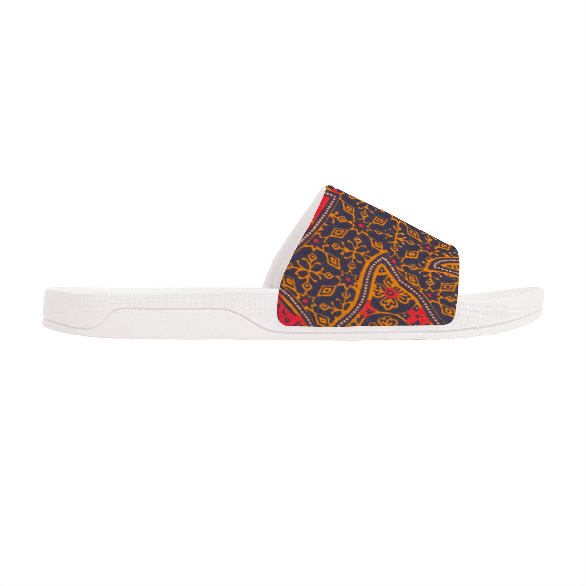 Colorful Batik Design on  White Slides, Boho Fashion Unisex Footwear