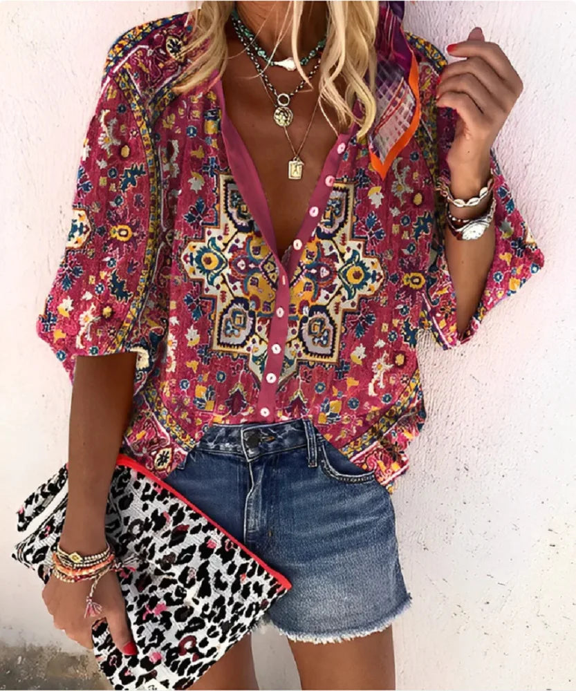 Bohemian Blouse , Summer Casual Shirt Fashionable Vintage Tops