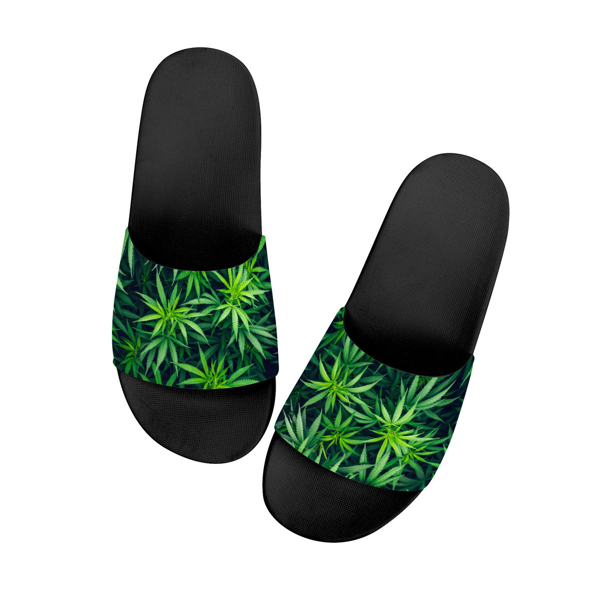 Weed Style Slide Sandals, Black Sliders, Hemp Leaf Design Shoes