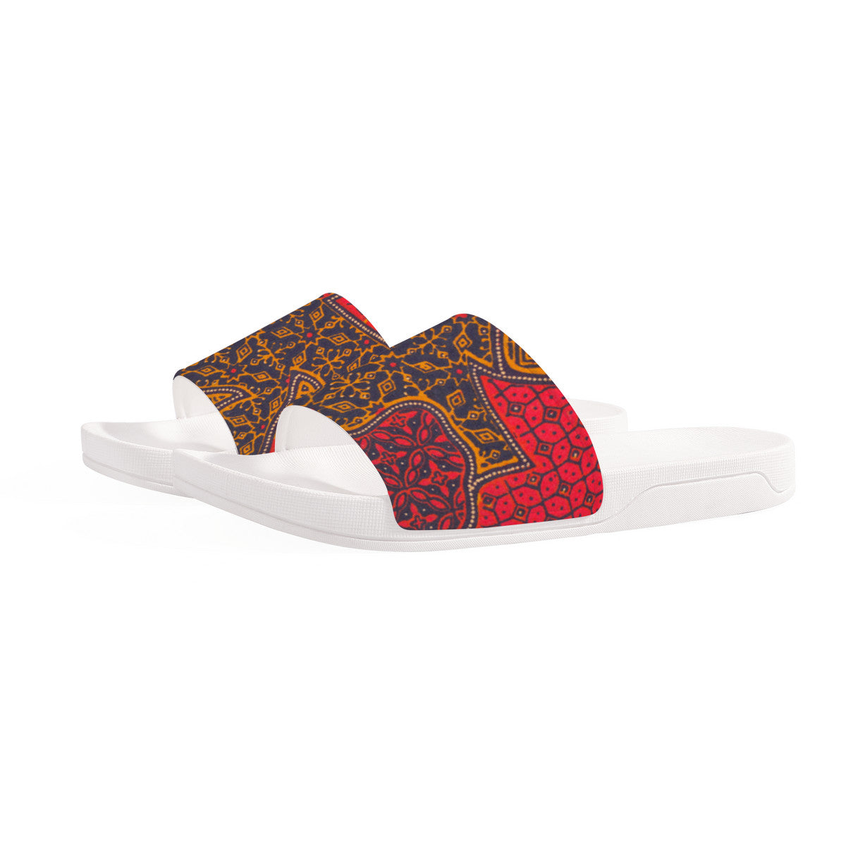 Colorful Batik Design on  White Slides, Boho Fashion Unisex Footwear