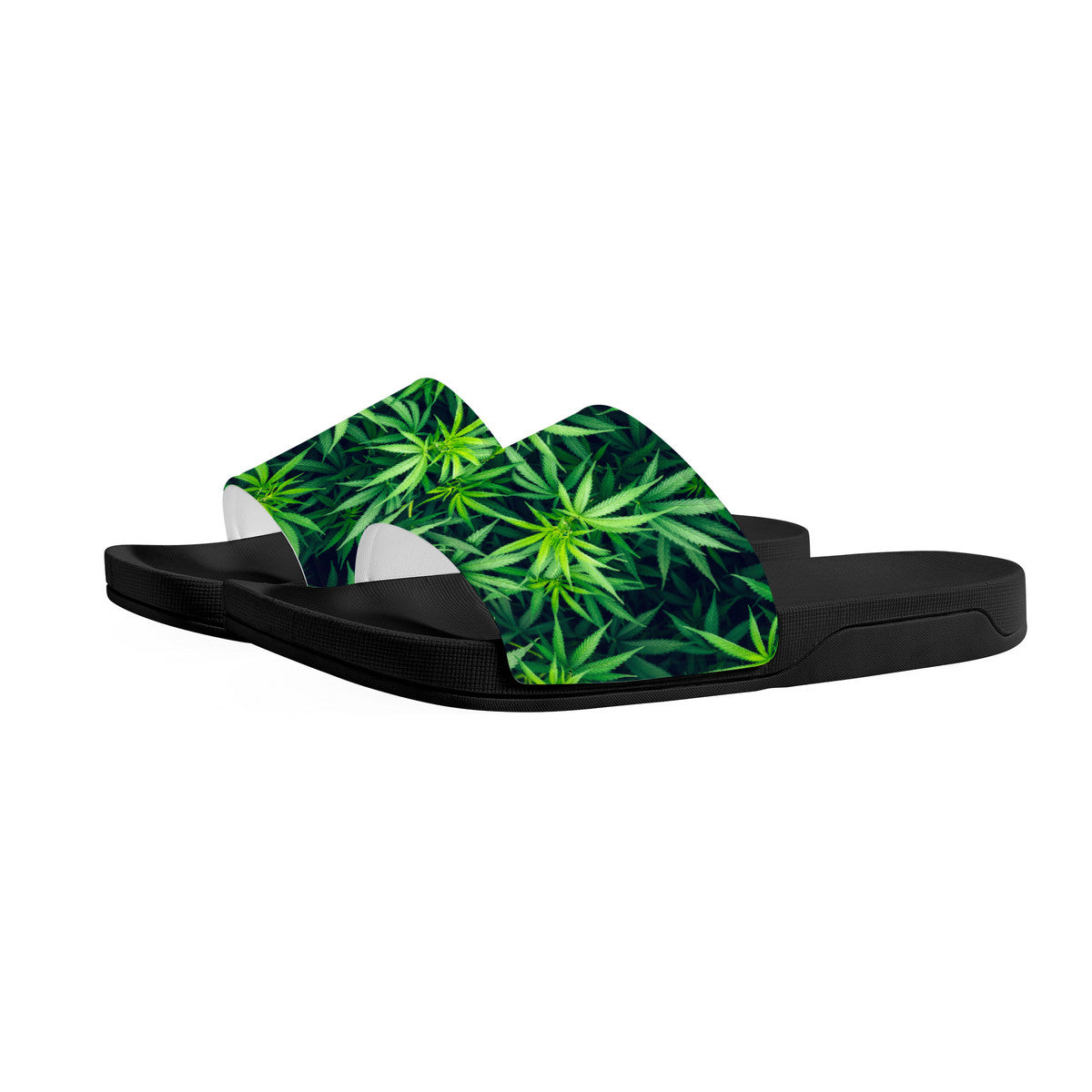 Weed Style Slide Sandals, Black Sliders, Hemp Leaf Design Shoes