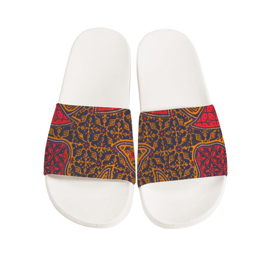 Colorful Batik Design on  White Slides, Boho Fashion Unisex Footwear