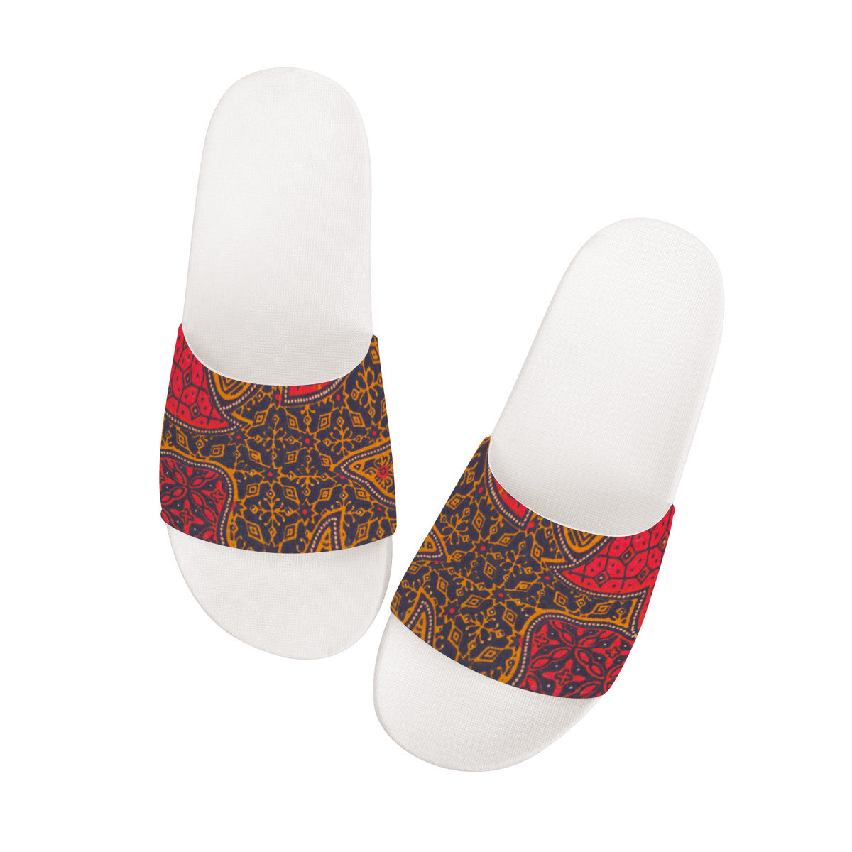 Colorful Batik Design on  White Slides, Boho Fashion Unisex Footwear