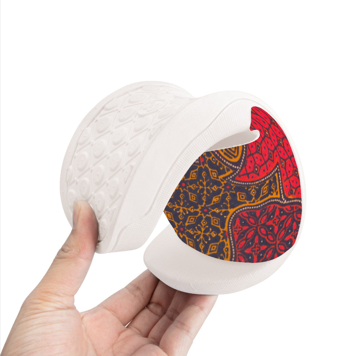 Colorful Batik Design on  White Slides, Boho Fashion Unisex Footwear