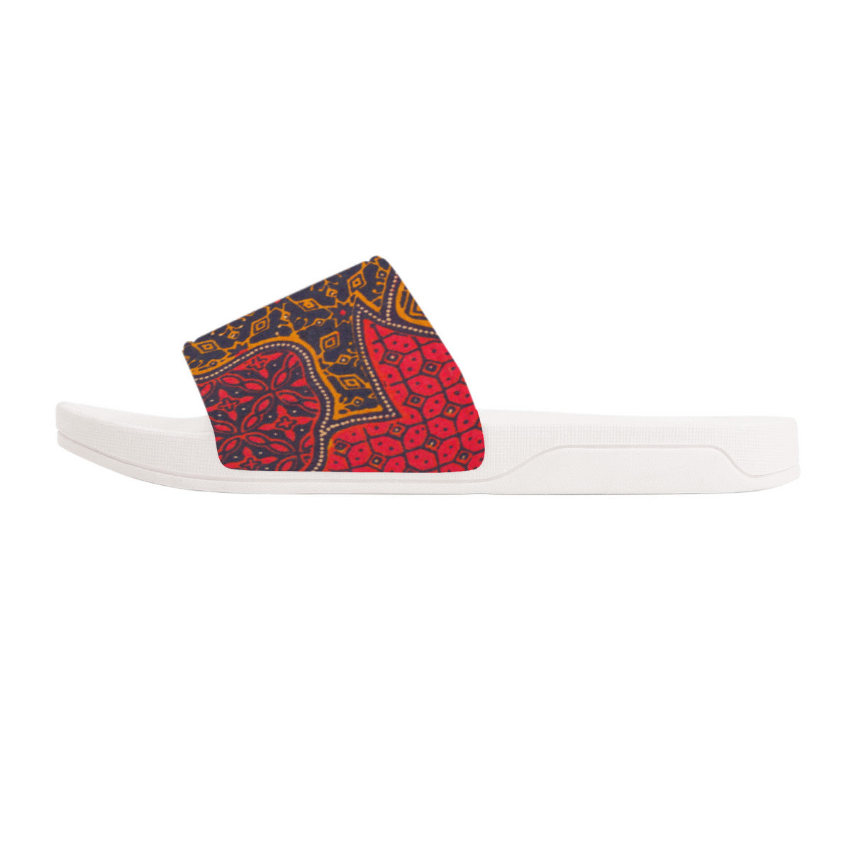 Colorful Batik Design on  White Slides, Boho Fashion Unisex Footwear