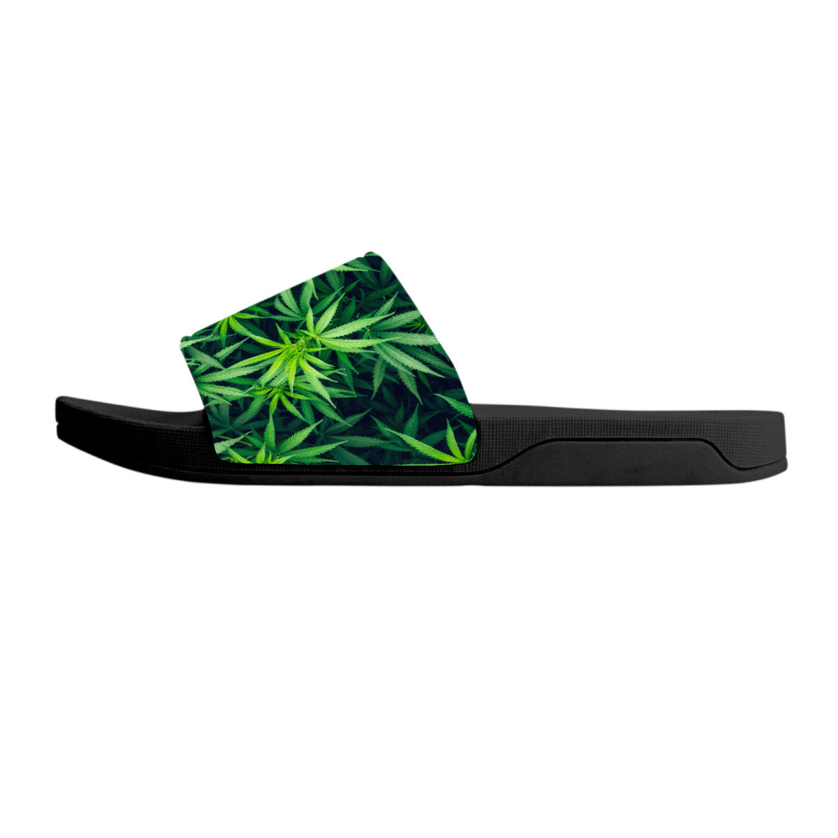 Weed Style Slide Sandals, Black Sliders, Hemp Leaf Design Shoes