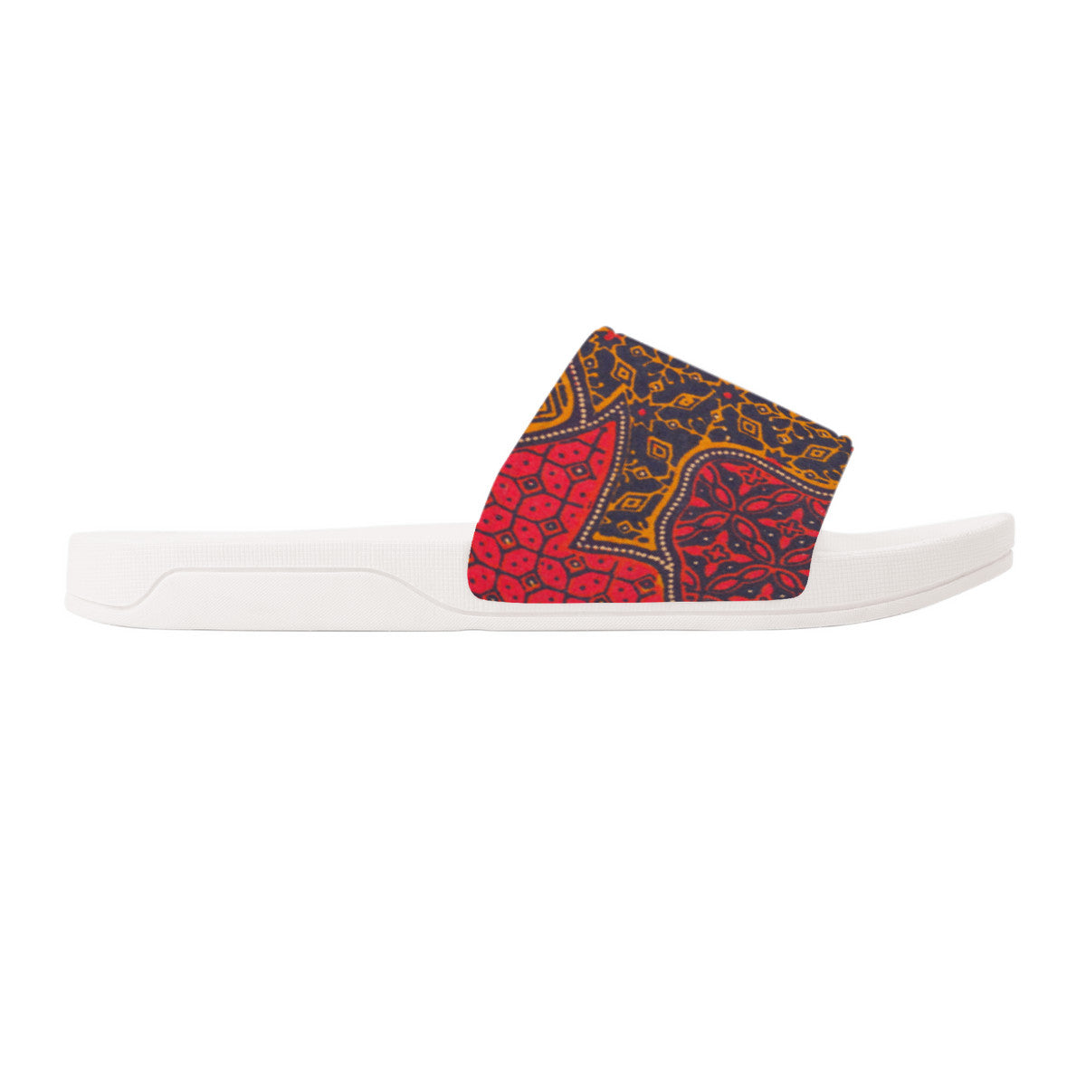 Colorful Batik Design on  White Slides, Boho Fashion Unisex Footwear