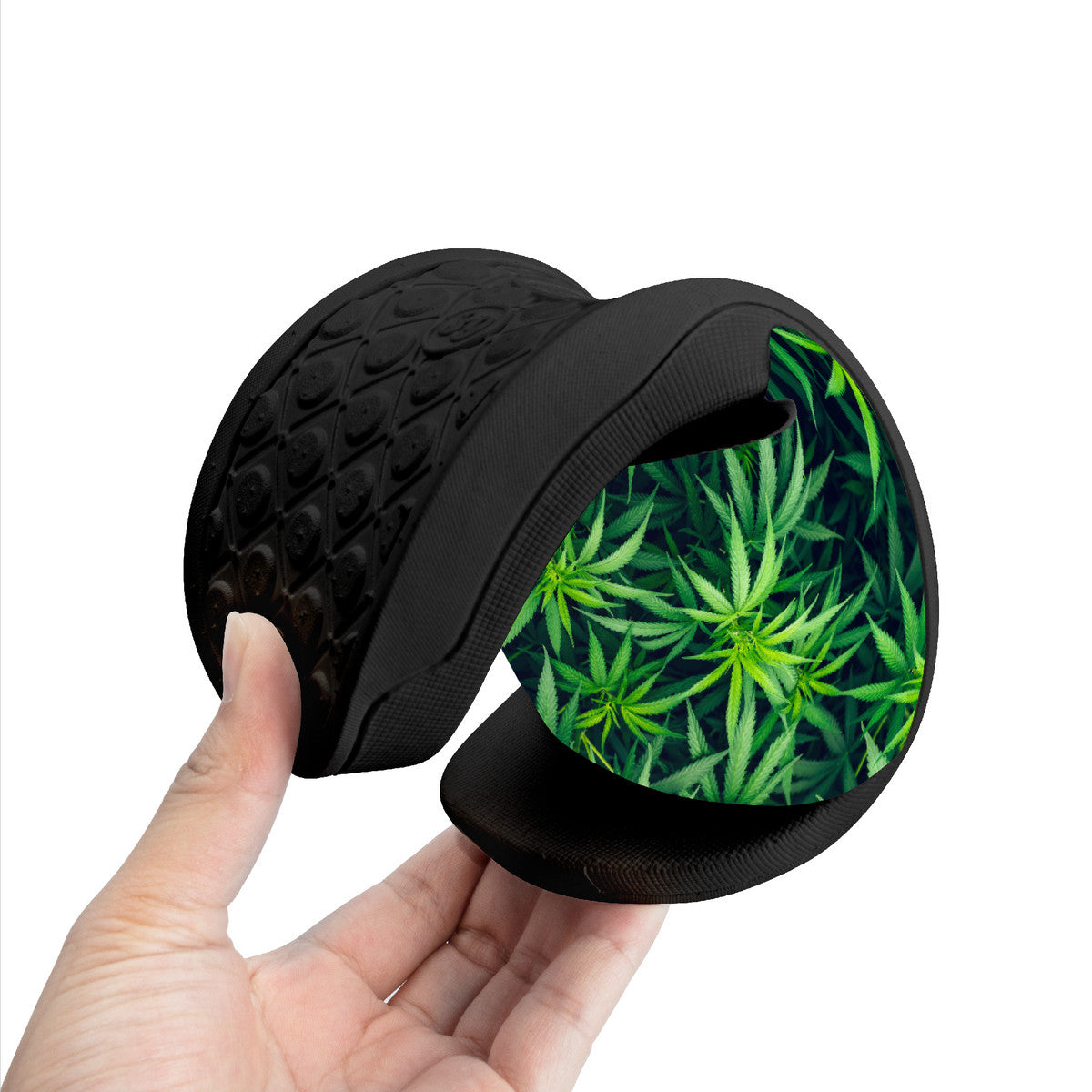Weed Style Slide Sandals, Black Sliders, Hemp Leaf Design Shoes